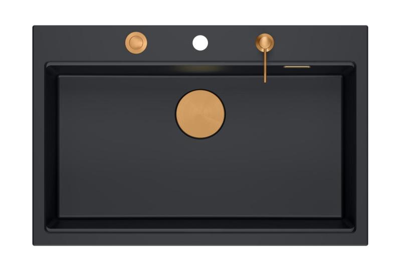 Quadri Hard Rock matná čierna žulová vstavaná veľká drezová nádoba 76x50 cm vrátane medenej zátky a príslušenstva 1208967423