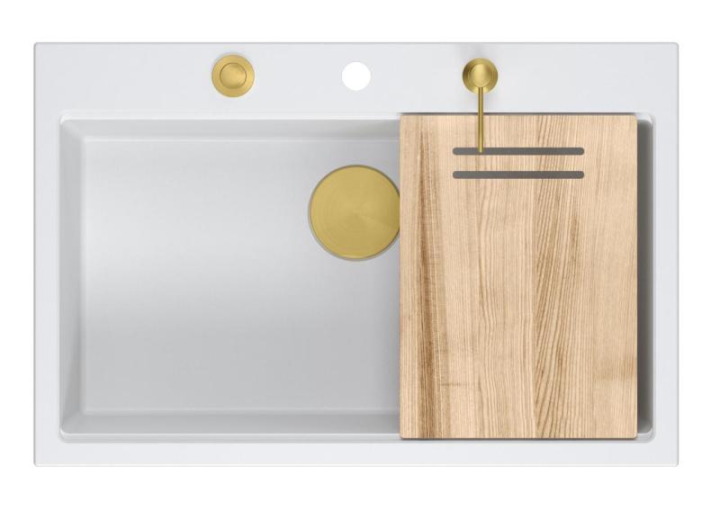 Quadri Hard Rock biela žulová umývadlová doska veľký drez 76x50cm vrátane zlatej zátky a príslušenstva 1208967424