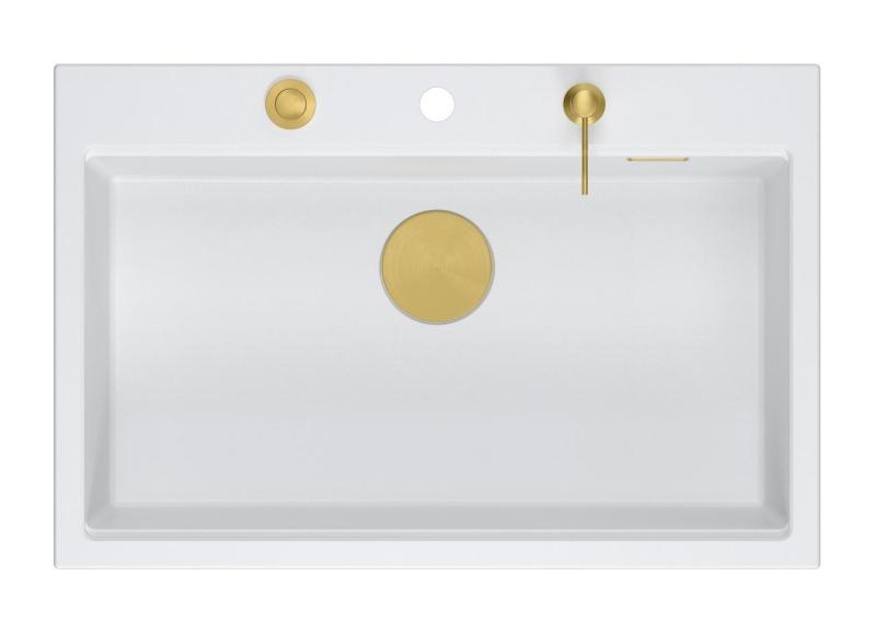 Quadri Hard Rock biela žulová umývadlová doska veľký drez 76x50cm vrátane zlatej zátky a príslušenstva 1208967424
