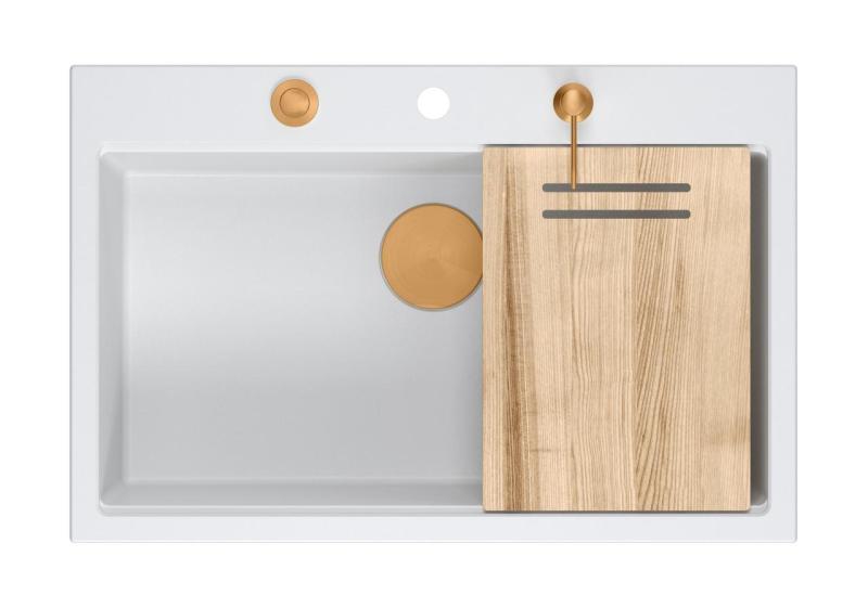 Quadri Hard Rock biely žulový drez s veľkou vaničkou 76x50cm vrátane medenej zátky a príslušenstva 1208967428