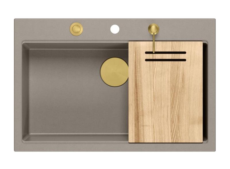Quadri Hard Rock taupe granitový nadstavbový veľký drez 76x50cm vrátane zlatej zátky a príslušenstva 1208967436