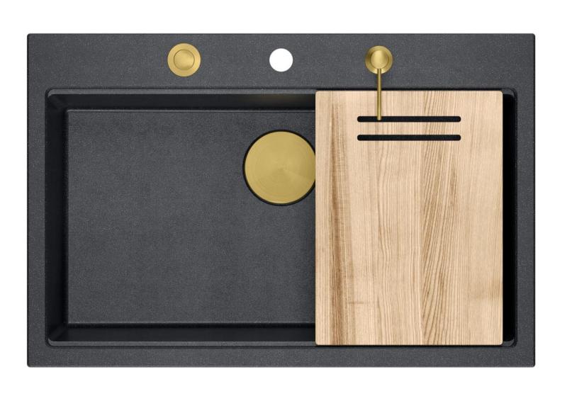 Quadri Hard Rock antracitový granitový nadstavbový veľký drez 76x50 cm vrátane zlatej zátky a príslušenstva 1208967444