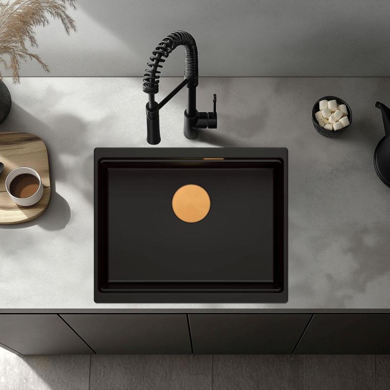 Quadri Newport II žulový podmontážny čierny drez 560x450mm s medenou zátkou a odtokovým viečkom 1208967450