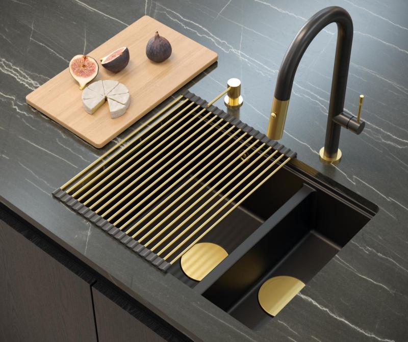 Quadri Newport II čierny 1,5 drez granitový, montáž na pracovnú dosku aj pod pracovnú dosku, rozmery 555x460mm, so zlatou výpusťou 1208967464