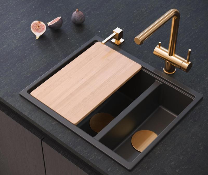 Quadri Newport II čierny 1,5 drez žulový montážny a podomietkový drez 555x460mm s medenou zátkou 1208967465