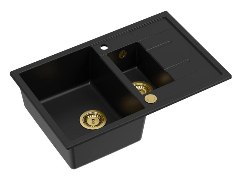 Quadri Brenton čierny žulový nadstavbový drez s 1,5 vaničkou a odkvapkávacou plochou 78x50 cm so zlatou zátkou 1208967554
