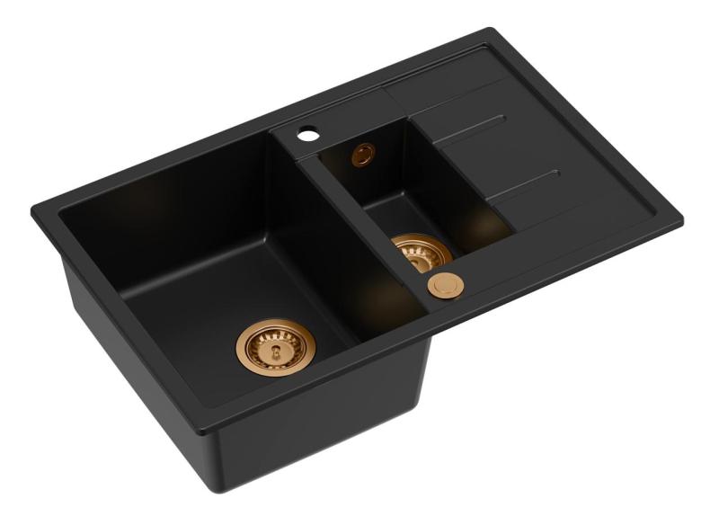 Quadri Brenton čierny žulový drez s odkvapkávacou plochou 78x50cm s medenou zátkou 1208967555