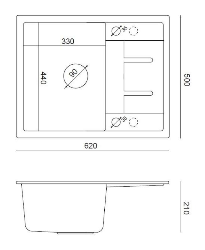 Quadri Dalton antracitový žulový drez s odkvapkávacou plochou 62x50cm s nerezovou zátkou 1208967570