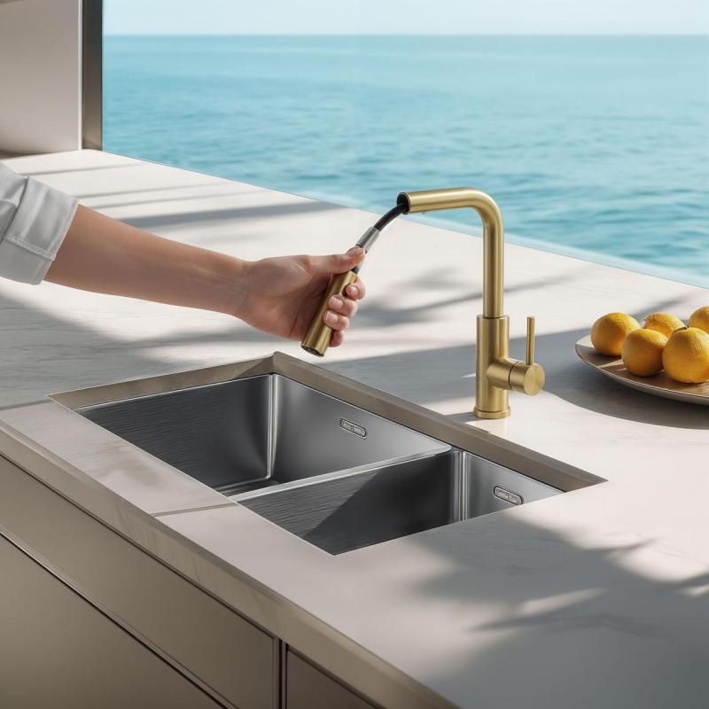 Pure.Sink Elite Steel Spark-S kuchynská batéria PVD brúsená zlatá s výsuvným výtokom PS8041-60