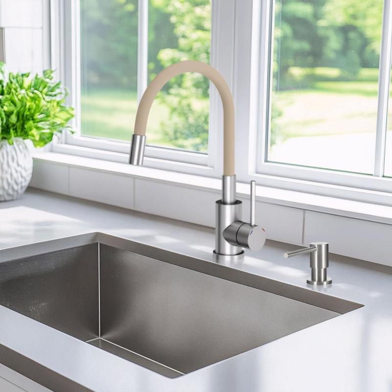 Quadri Bristol Kuchynská batéria z nehrdzavejúcej ocele s flexibilným béžovým výtokom 1208967664