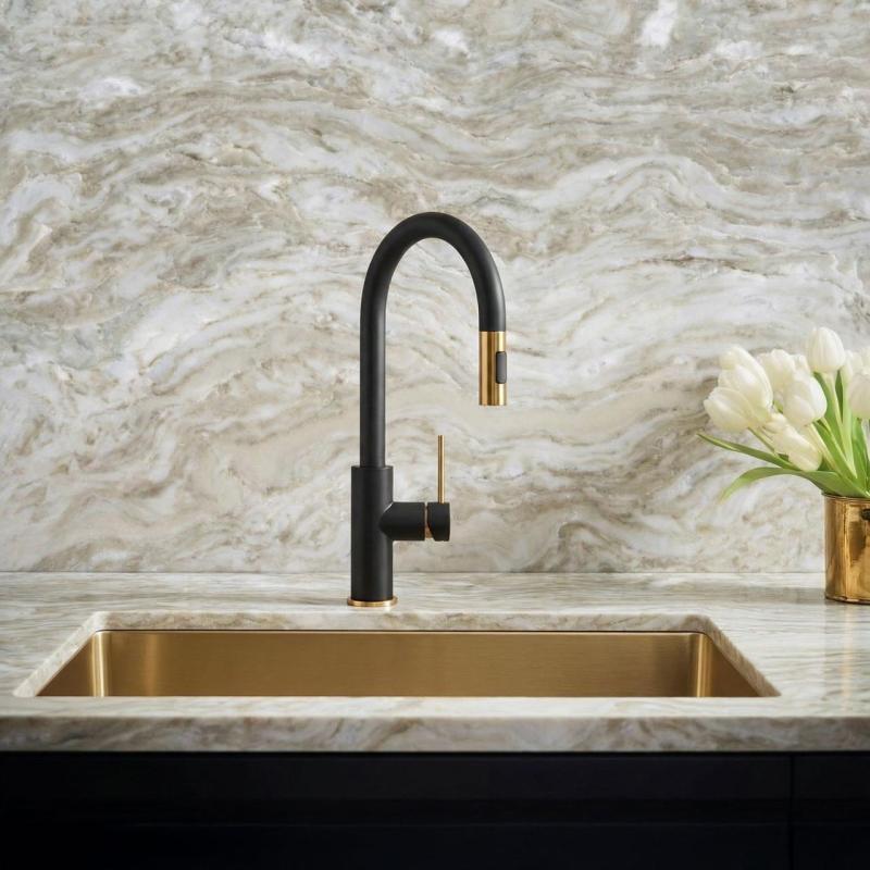 Quadri Retford Kuchynská batéria Čierna so Zlatým Povrchom a Vytiahnuteľným Výtokom so Sprchovým Režimom 1208967677