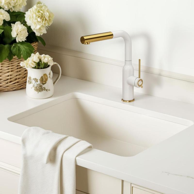 Quadri Stamford Kuchynská batéria Biela s PVD Zlatým Povrchom a Vytiahnuteľným Výtokom 1208967686