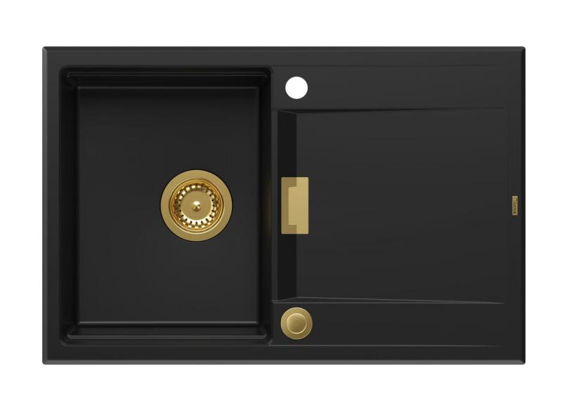 Quadri Minton Granitový Vrchný Čierny Drez 76x50cm s Odkvapkávačom Obojstranný a Zlatou Zátkou 1208967739