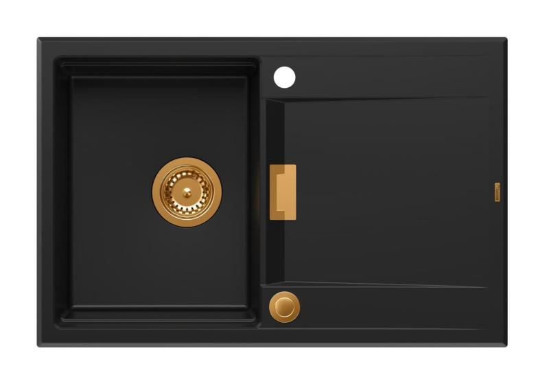Quadri Minton Granitový Drez Čierny 76x50cm s Odkvapkávacou Plochou, Obojstranný a S Medenou Zátkou 1208967740