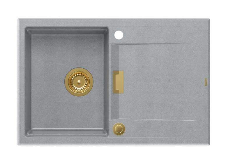 Quadri Minton Granitový Drez Sivý 76x50cm s Odkvapkávačom Obojstranný a Zlatou Zátkou - 1208967742