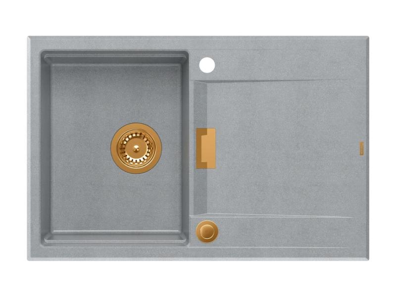 Quadri Minton Granitový Nástavbový Sivý Drez 76x50cm s Odkvapkávacou Plochou Obojstranný a Medenou Zátkou - 1208967743