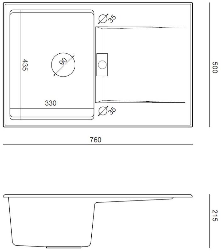 Quadri Minton Granitový Drez Antracitový 76x50cm s Odkvapkávacou Plochou, Obojstranný a s Nerezovou Zátkou - 1208967744