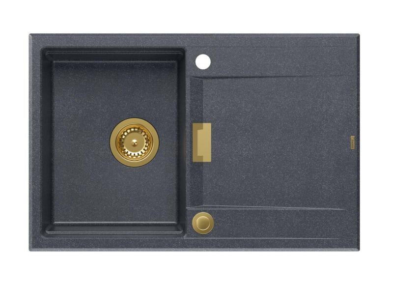 Quadri Minton Žulový Vstavaný Antracitový Drez 76x50cm s Odkvapkávačom Obojstranný a Zlatou Zátkou - 1208967745