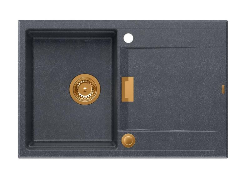 Quadri Minton Granitový Drez Antracitový 76x50 cm s Odkvapkávačom Obojstranný a Medenou Zátkou - 1208967746