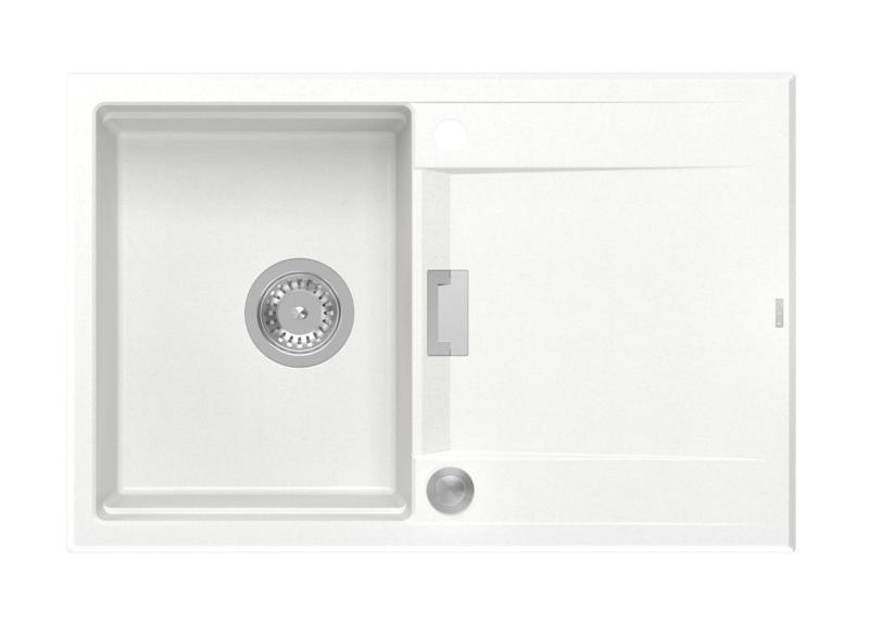 Quadri Minton Granitový Drez Biela 76x50cm s Odkvapkávacou Plochou Obojstranný a Nerezová Zátka - 1208967747
