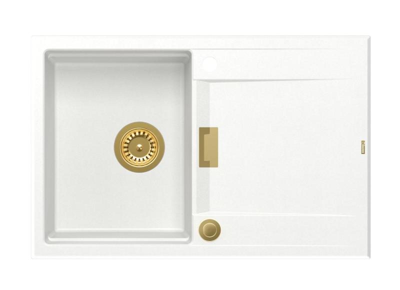 Quadri Minton Granitový Drez Biela 76x50cm s Odkvapkávačom Obojstranný a Zlatou Zátkou - 1208967748