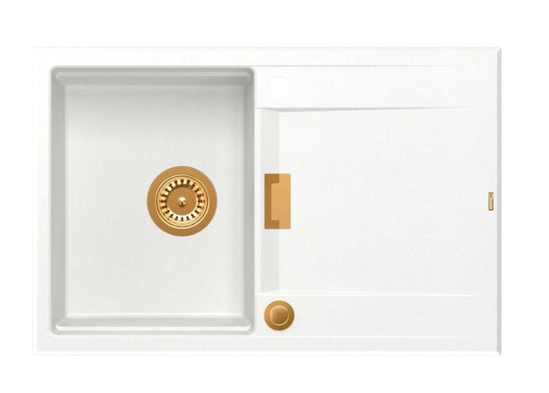 Quadri Minton Žulový Nadstavbový Biely Drez 76x50cm s Odkvapkávačom Obojstranný a Medený Zátka - 1208967749