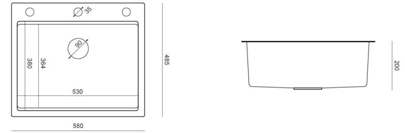 Aquadesign Vesta nerezový drez 580x485cm na pracovnú dosku a na úroveň pracovnej dosky s otvorom na batériu, vrátane nerezovej zátky a príslušenstva - 1208967763