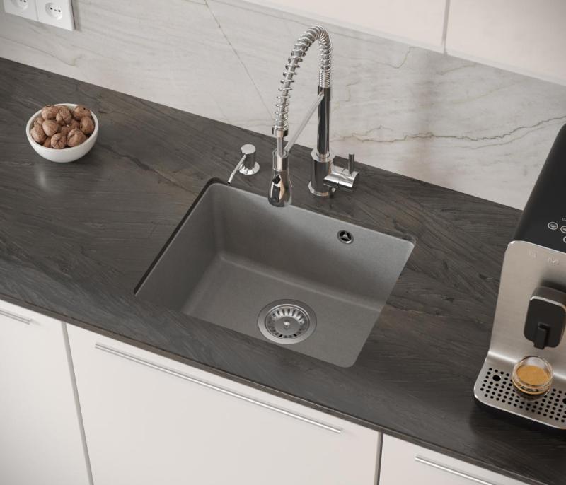 Quadri Elston Sivý Žulový Podmontážny Drez 420x335mm s Nerezovou Zátkou 1208967775