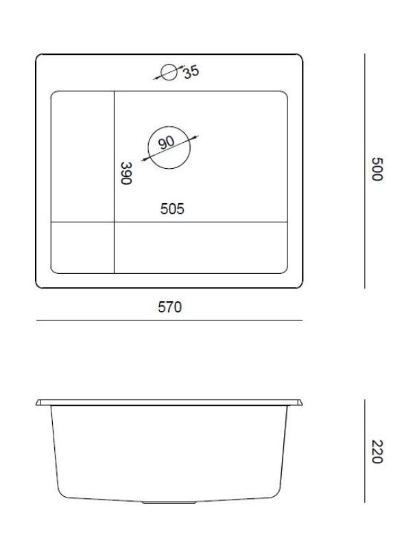 Quadri Sheffield Antracitový Granitový Drez na Dosku alebo na Rovnú Montáž 57x50 cm s Otvorom na Batériu a Zlatou Zátkou - 1208967813
