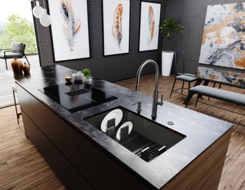 Franke Mythos Masterpiece kuchynský batériový kohútik antracitový s J-výtokom a výsuvnou sprchovou hlavicou - 115.0711.555