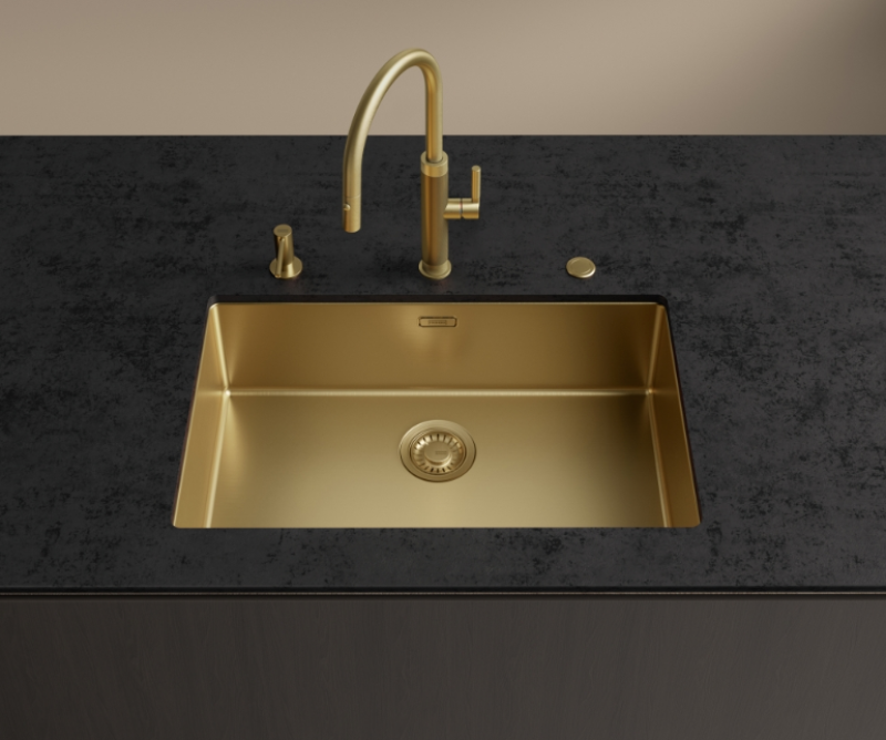 Franke Mythos Masterpiece Kuchynská batéria Zlatá s J-ramenom a Vytiahnuteľnou Sprchovou Hlavicou - 115.0711.558