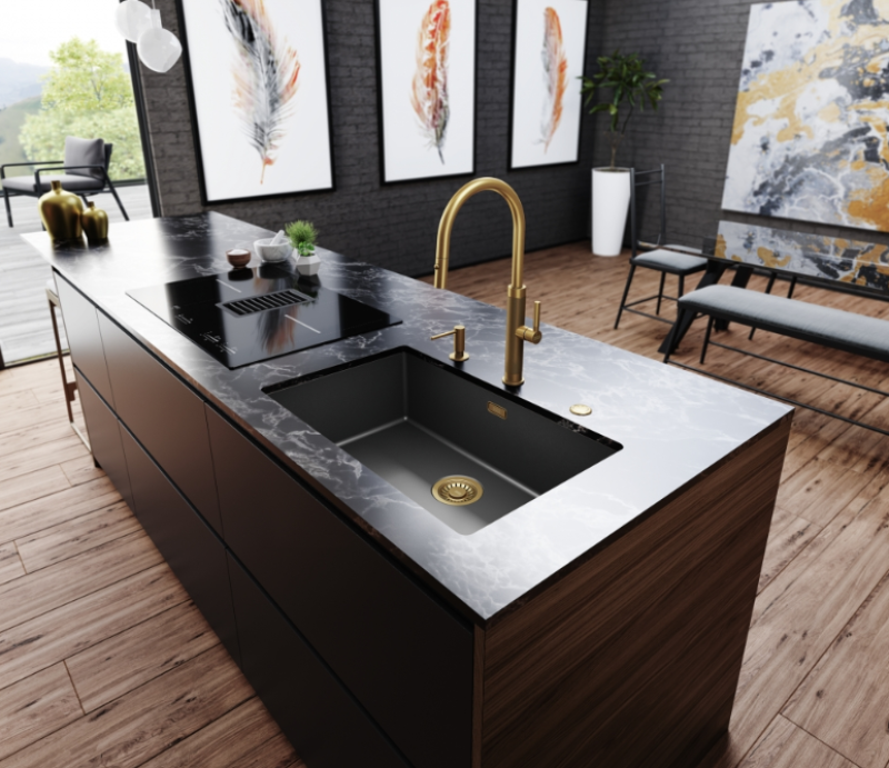 Franke Mythos Masterpiece Kuchynská batéria Zlatá s J-ramenom a Vytiahnuteľnou Sprchovou Hlavicou - 115.0711.558