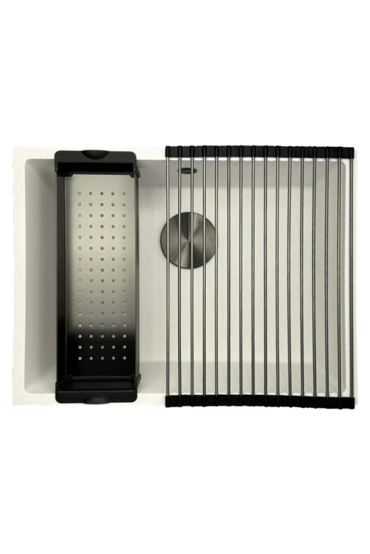 GraniteMy Universal Granitový Biely Drez 55x40 cm na montáž zhora, zdola a do roviny s uzáverom z pištoľového kovu - 1208967933