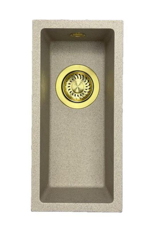 GraniteMy Universal žulový béžový pieskový malý umývadlo 17x40 cm na vrchnú, spodnú a rovnú montáž so zlatou zátkou 1208968003