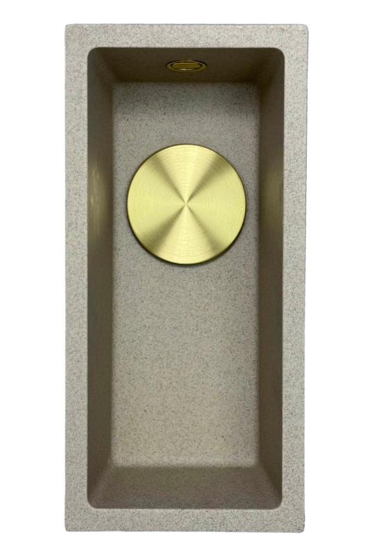 GraniteMy Universal žulový béžový pieskový malý umývadlo 17x40 cm na vrchnú, spodnú a rovnú montáž so zlatou zátkou 1208968003