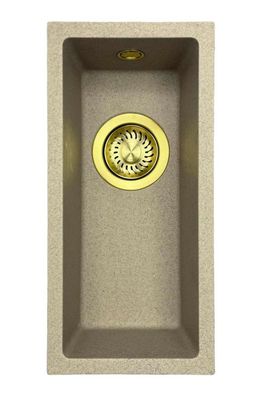 GraniteMy Universal žulový béžový pieskový malý umývadlo 17x40 cm na vrchnú, spodnú a rovnú montáž so zlatou zátkou 1208968003