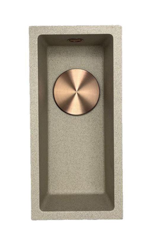 GraniteMy Universal granitový béžový piesok malý drez 17x40 cm montáž na dosku a zapustená montáž s medenou zátkou 1208968004
