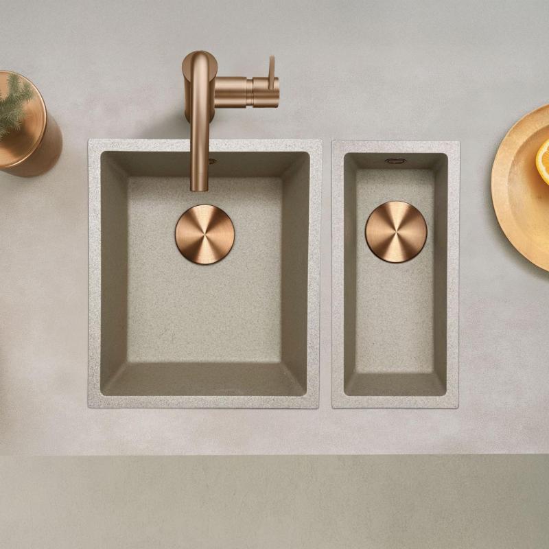 GraniteMy Universal žulový béžový pieskový drez 34x40 cm na pracovnú dosku, podmontáž a do roviny s medenou zátkou 1208968009.