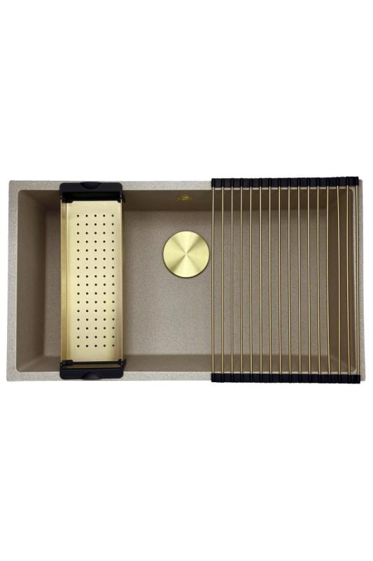 GraniteMy Universal granitový béžový pieskový drez 74x40 cm na dosku, pod dosku a na úroveň dosky so zlatou výpusťou 1208968018