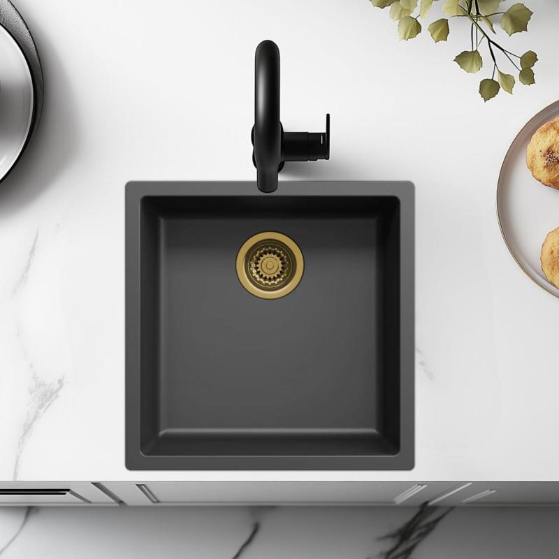 Čierny drez 40x40 cm na zabudovanie, nadstavbu a plochú montáž so zlatou zátkou 1208968034.