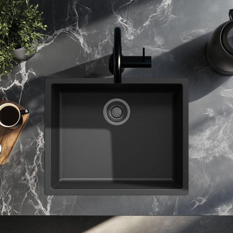 Čierny drez 50x40 cm na zabudovanie, montáž nad pracovnú dosku a na úroveň pracovnej dosky s gun metal zátkou 1208968038.