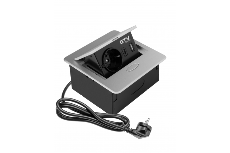 AVARO Zapustená nábytková zásuvka, 1x Schuko zásuvka, USB A+C, 1,5m kábel, strieborná.