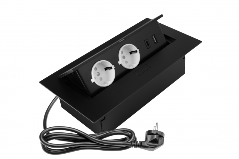 Nábytková zásuvka 2x schuko zásuvka, USB A+C, bez kábla, čierna