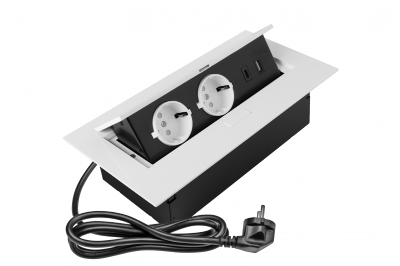 Nábytková zásuvka 2x zásuvka so uzemnením, USB A+C, napájací kábel so zástrčkou, biela