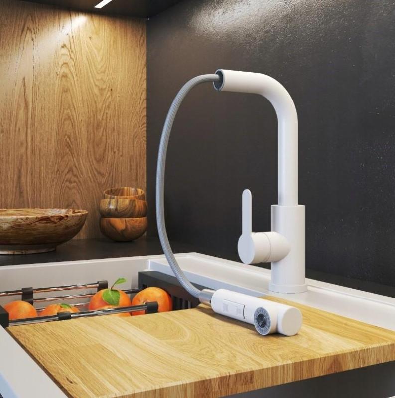 Graniteland Celeste Kuchynská Batéria Biela s Vytiahnuteľným Výtokom a Dvojfunkčnou Ručnou Sprchou 1208969526