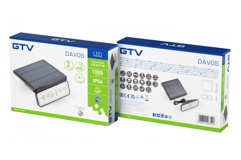 Slnečné svietidlo s pohybovým a stmievačovým senzorom DAVOS, LED, 1000lm, 4000K, 2000mAh, IP54, čierne