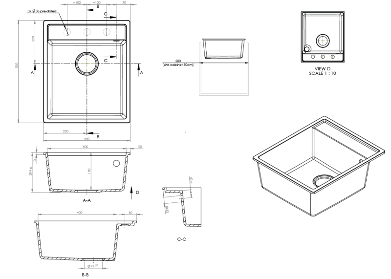 GraniteMy Bremen Granitový Drez 44x52 cm Čierny – Povrchová, Podpultová a Vložená Montáž s Otvorom pre Batériu a Nerezovou Zátkou 1208969991