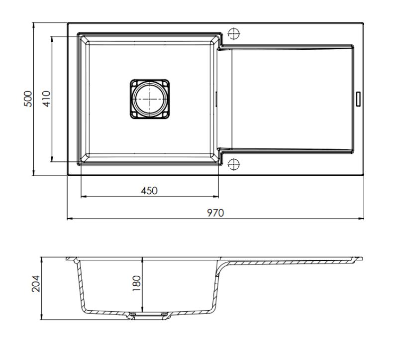 GranitMy Zafiri Čierny Granitový Drez s Rozmermi 97x50 cm s Odkvapkávacou Plôškou, Obojstranný, s Čiernym Štvorcovým Krytom Odtoku 1208969997