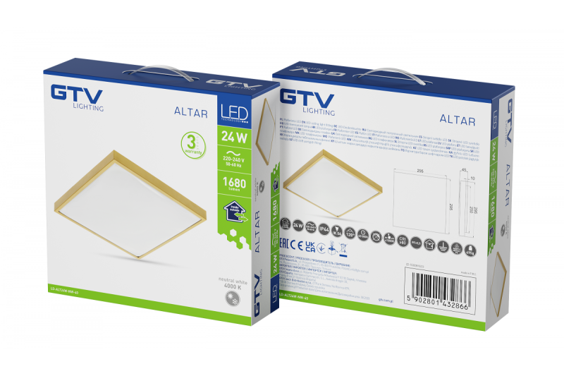 ALTAR LED Stropný svietidlo, 295x295mm, 4000K, 24W, 1680lm, AC180-250V, 50/60 Hz, PF>0.5, IP44, Zlatá farba, 3 roky záruky.