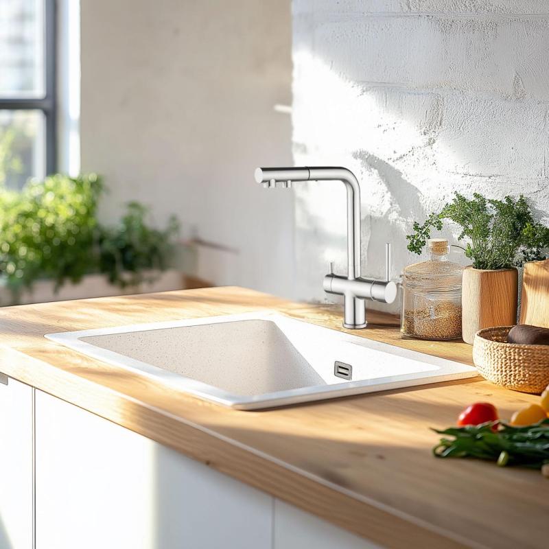 Ausmann Ellington 3-cestná kuchynská batéria s výsuvným výtokom a filtrovanej vody – Nerezová oceľ - 1208970082